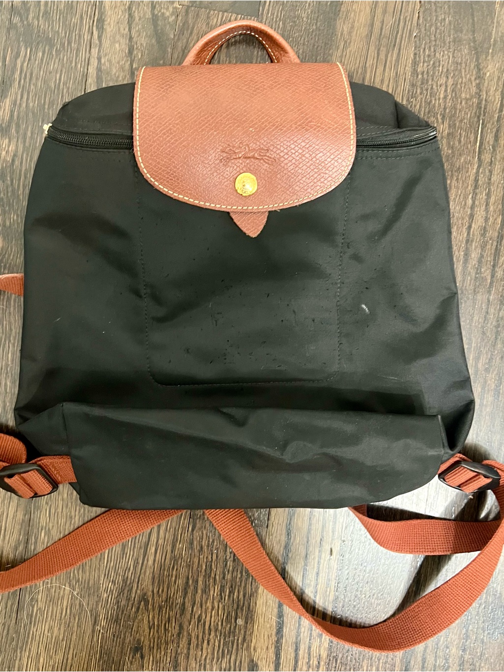 Longchamp Le Pliage Black Nylon & Brown Leather Mini Backpack